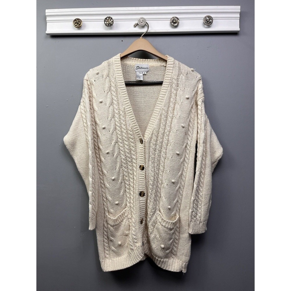 Statements Cardigan Womens Medium Ivory Cable Knit Popcorn Bobble Oversized VTG